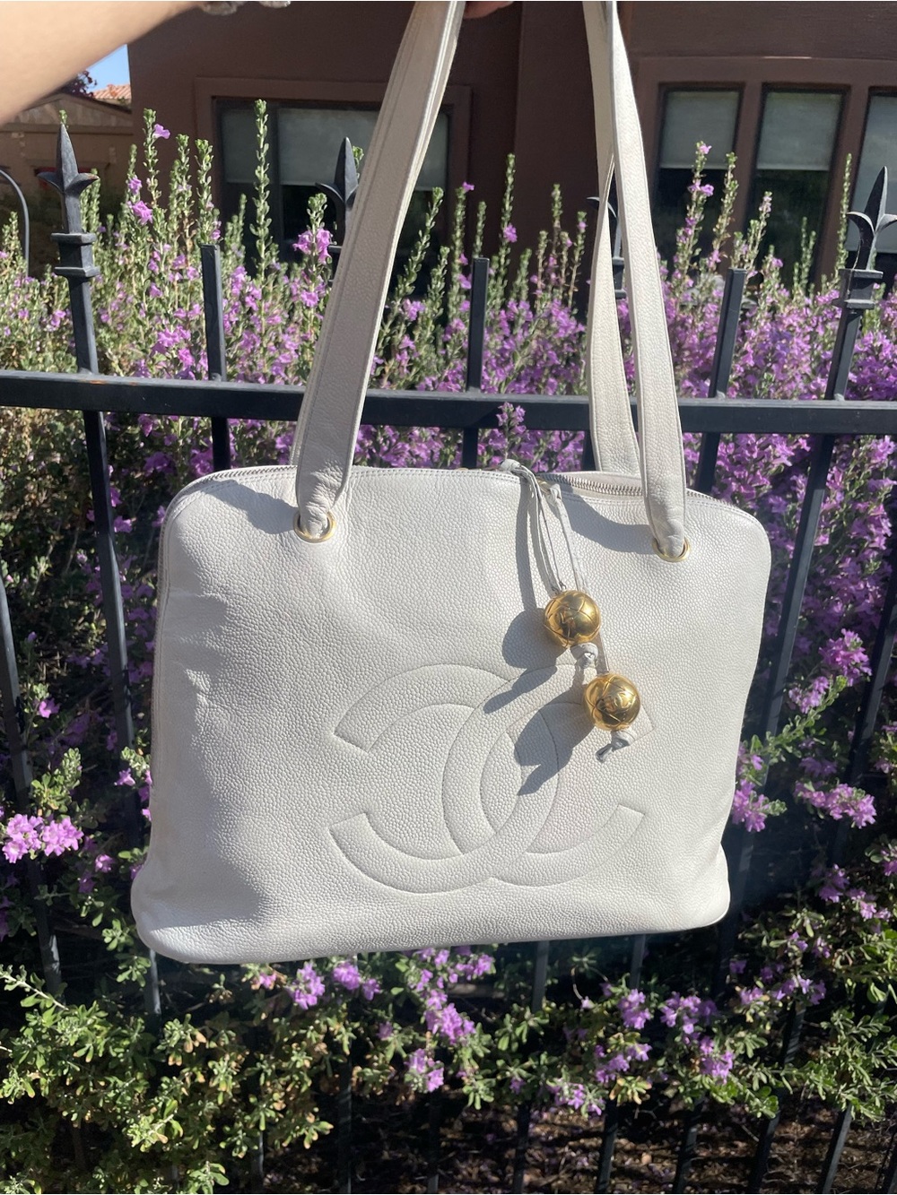 CHANEL was misty white Leather Double CC Tote with Gold Charm Accents